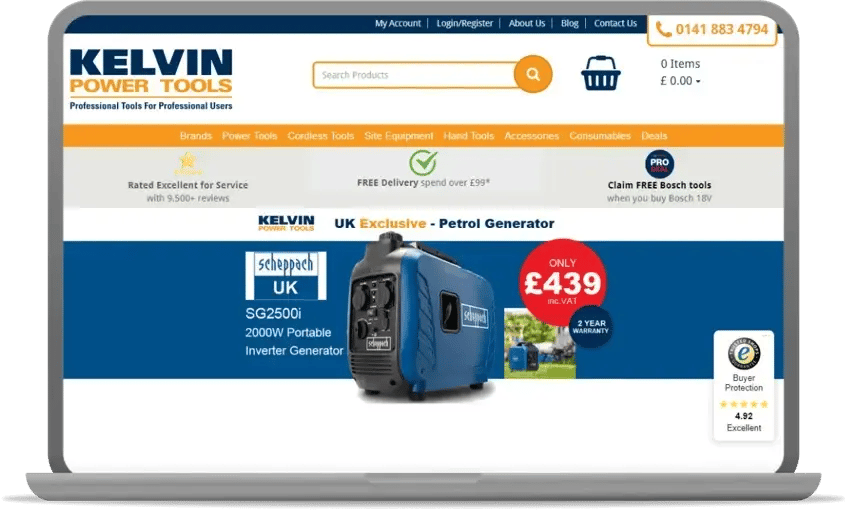kelvin power tools homepage screenshot