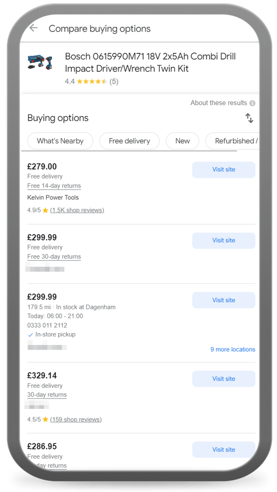 google shopping results