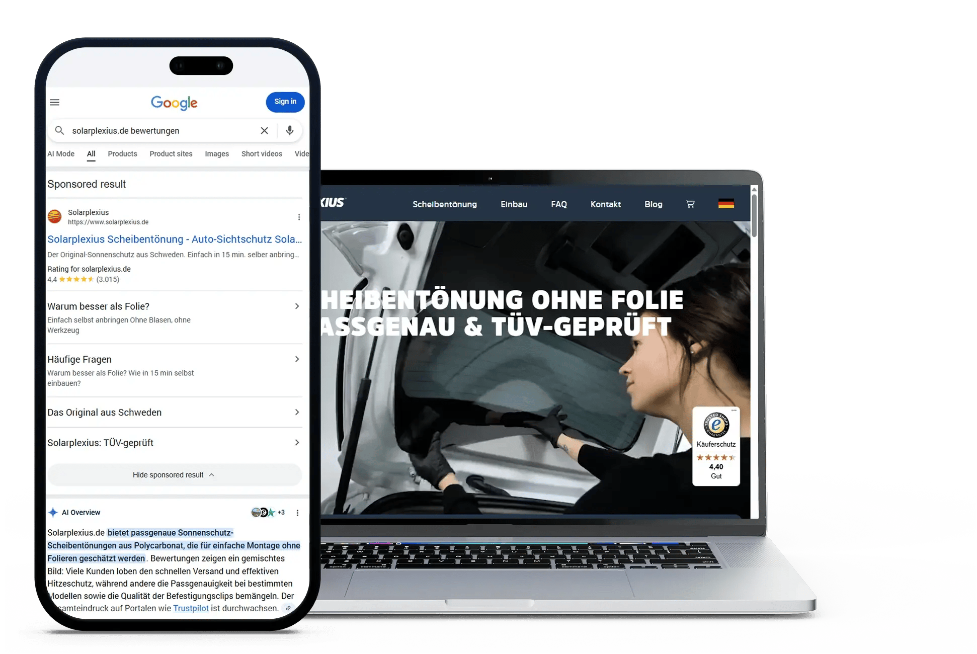 Solarplexius Google Ads with stars showing next to an image of their homepage