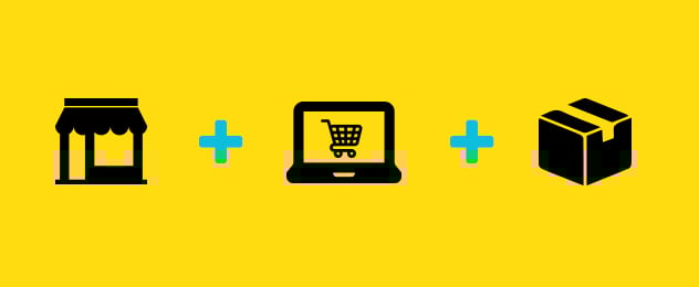 Three symbols are to be seen: A shop, a laptop and a parcel.