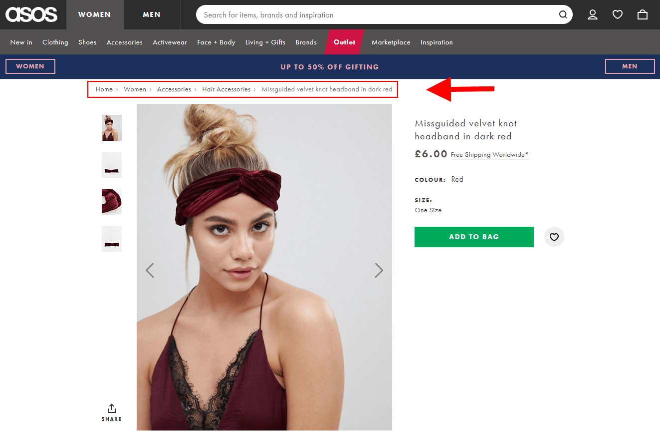 Asos product pages contain breadcrumbs at the top