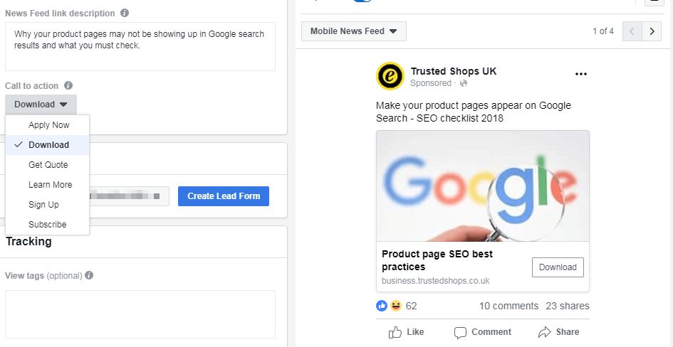 facebook CTA options