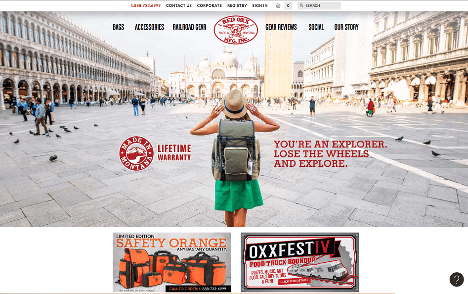 red oxx luggage ad of backpacker traveling