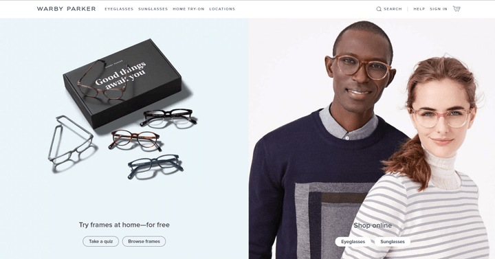 Warby Parker's homepage