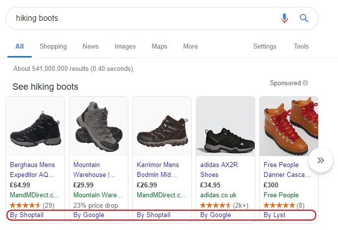 Google Shopping screenshot highlights