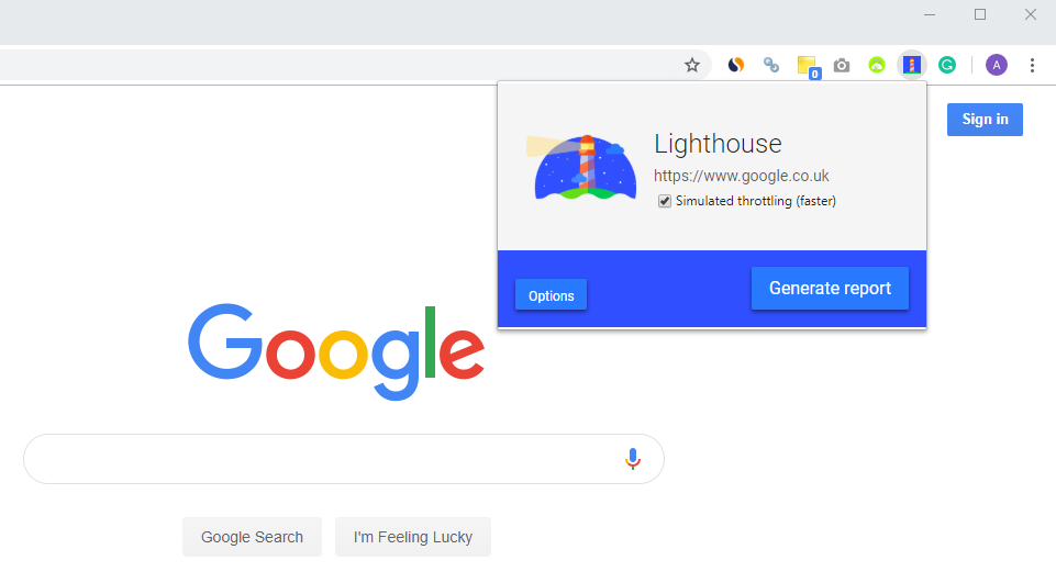 Google Lighthouse extension seen in browser