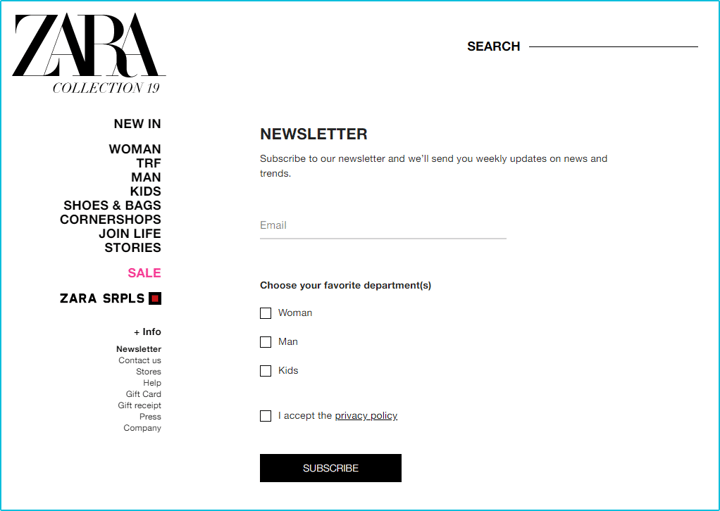 Zara newsletter page