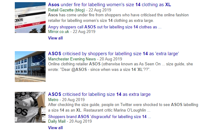 ASOS controversies in Google News results