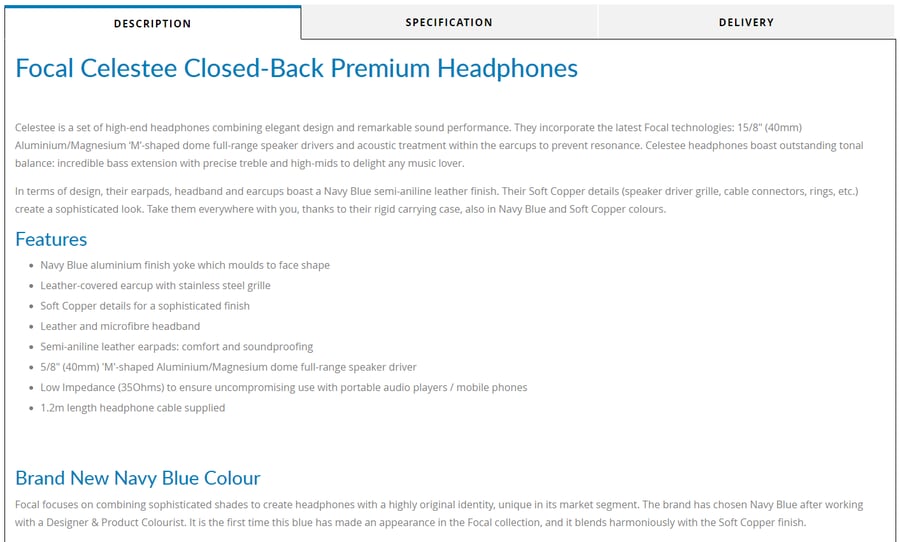 extended product description on headphones product page