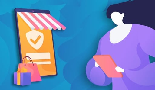 Illustrated woman shopping on mobile device