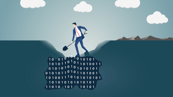illustration of person diging a hole of binary code