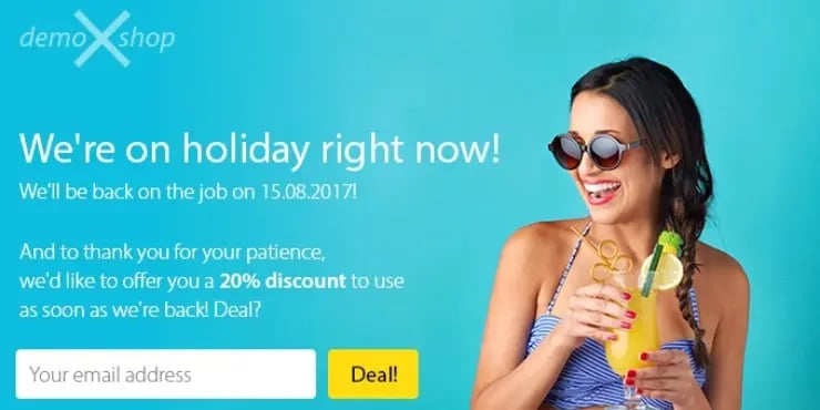 We are on holiday banner with return date and email form for a discount