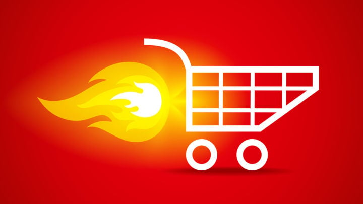 shopping cart red background fire