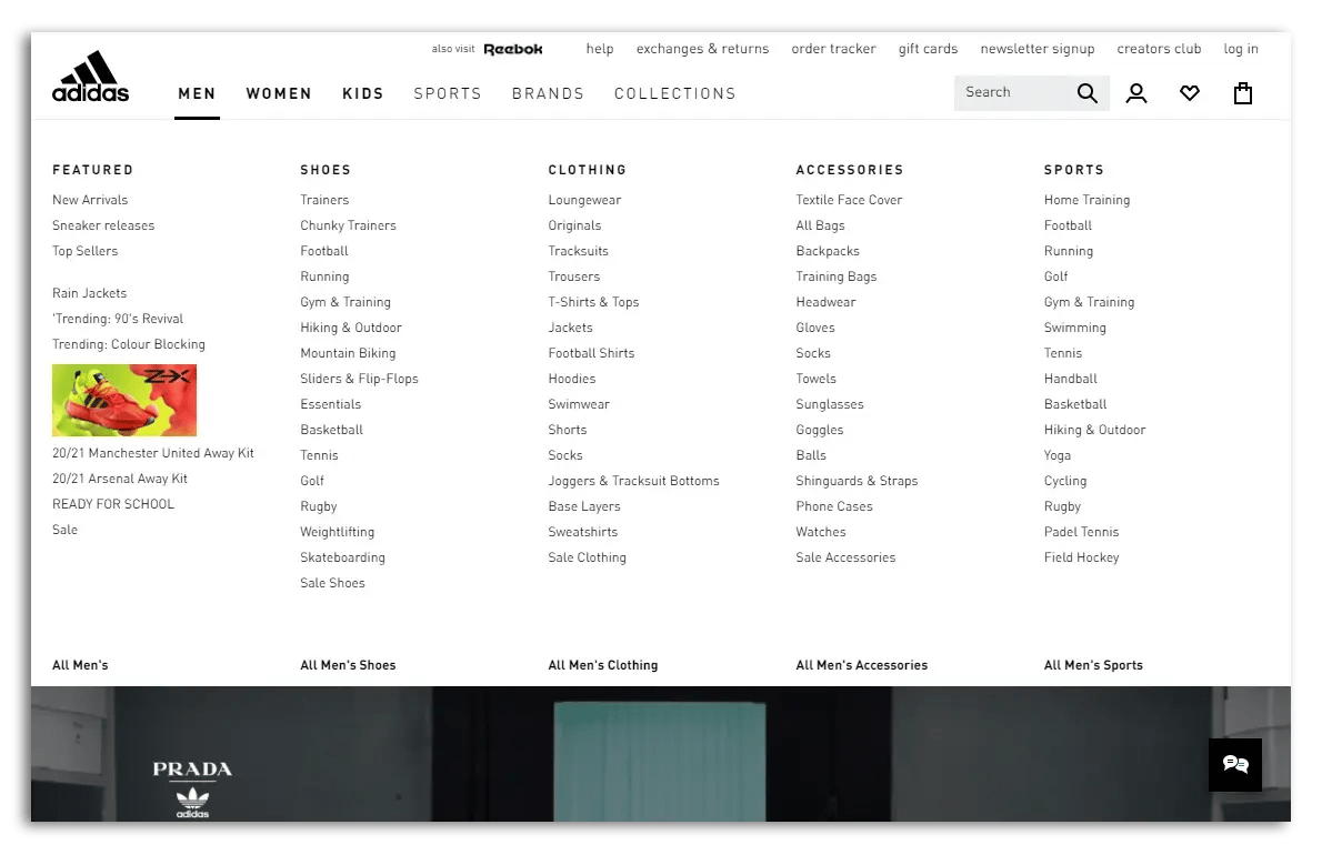 Example of a mega menu on the Adidas homepage