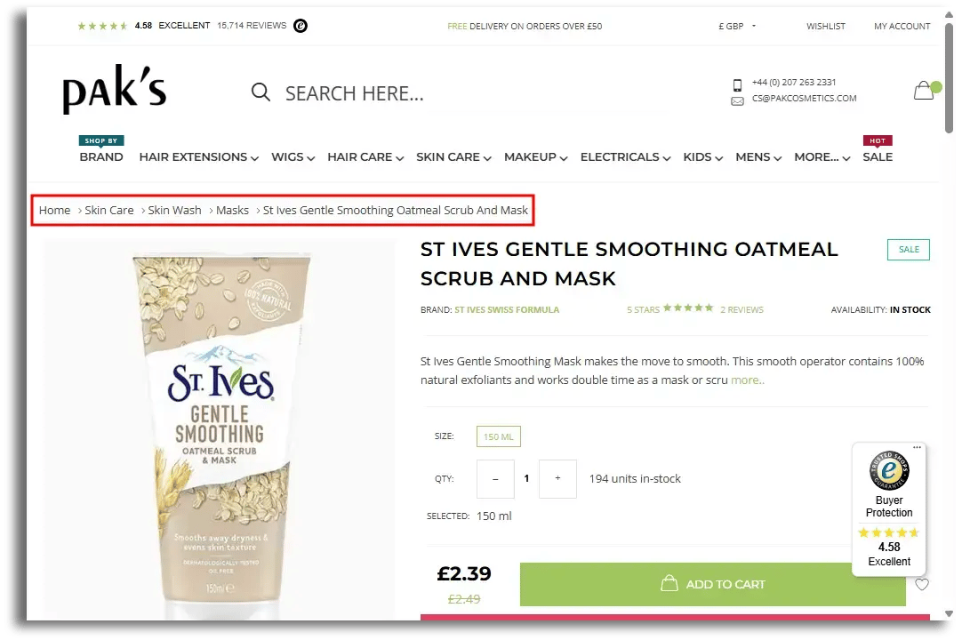 example of a website using breadcrumbs