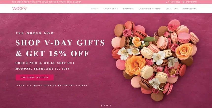 Woops Homepage with Valentine's Day reminders