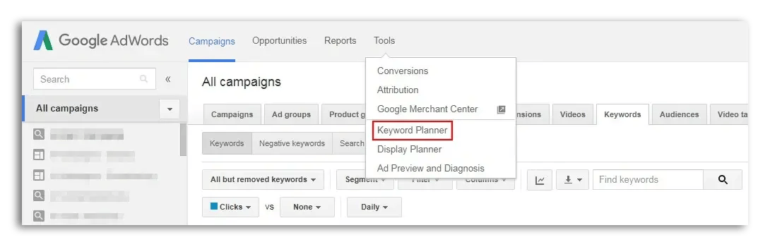 finding the keyword planner tool in Google Ads