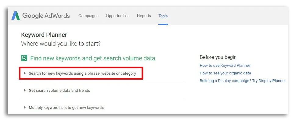 search for a new keyword option