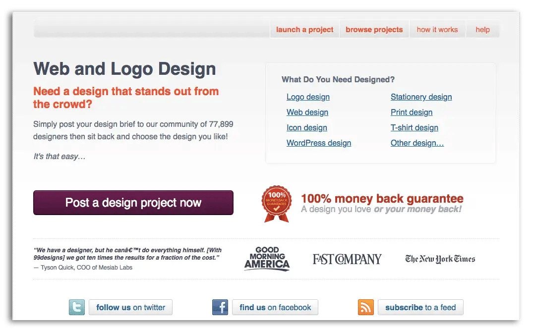 Screenshot of 99 Designs website in 2010