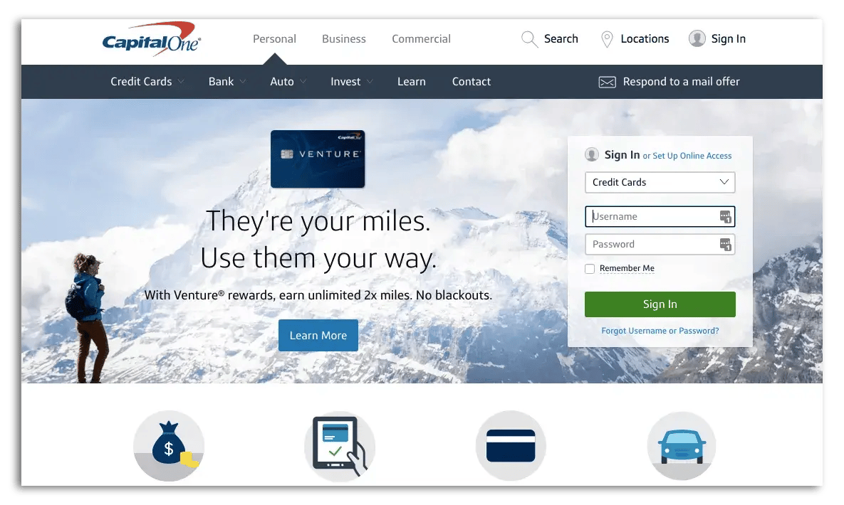 Screenshot of Capital One's homepage with a blue motif.