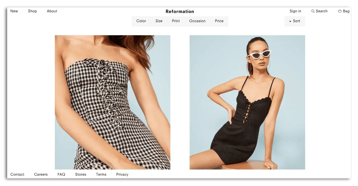 Screenshot of The Reformation's minimalist website