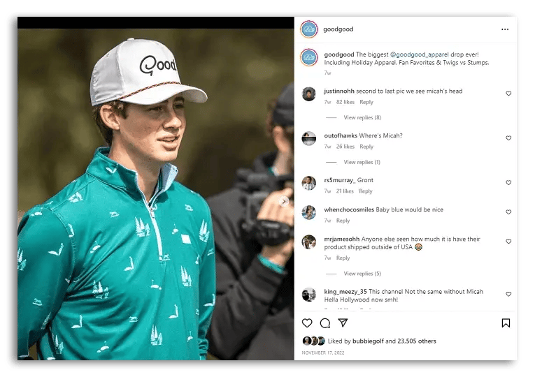 Good Good Golf promotes their merchandise in an Instagram post