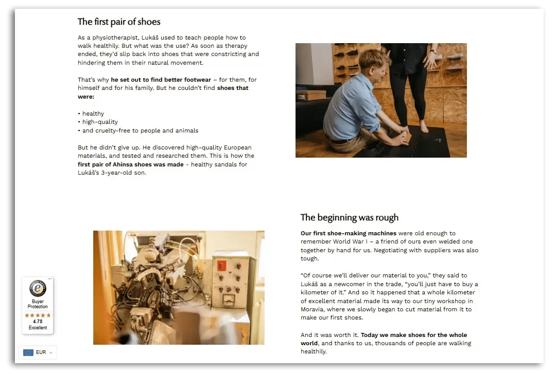 example of ahinsa shoes about us page