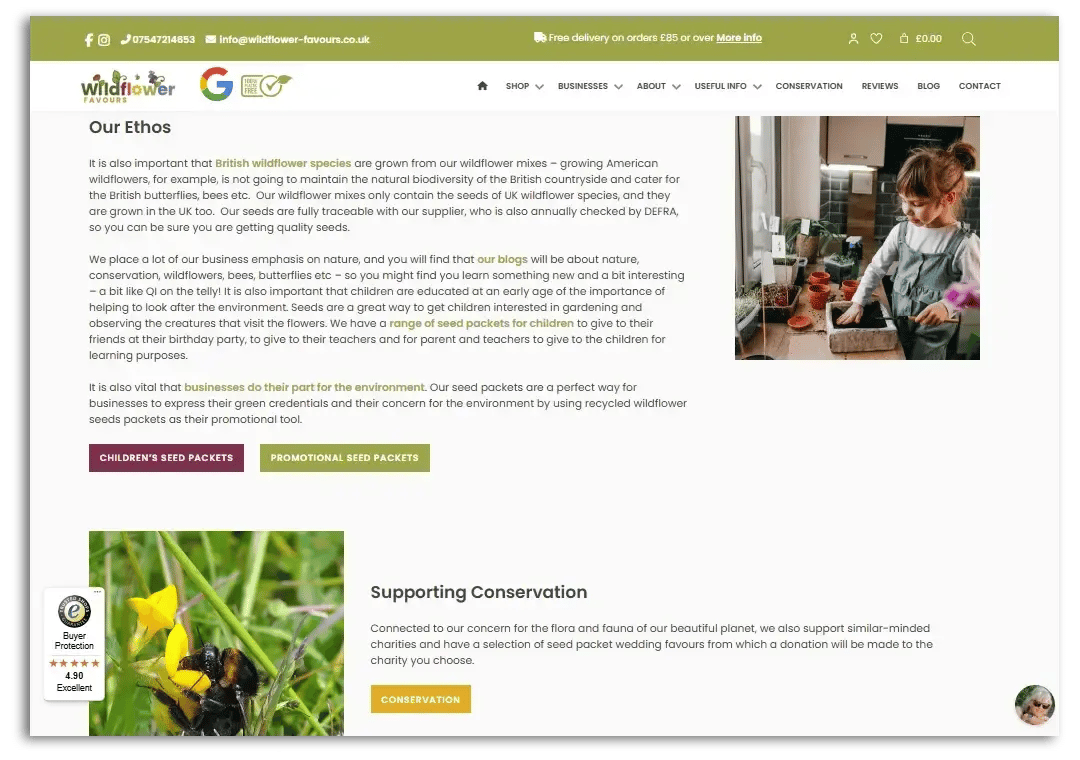 Example of the Wildflower Favours about us page