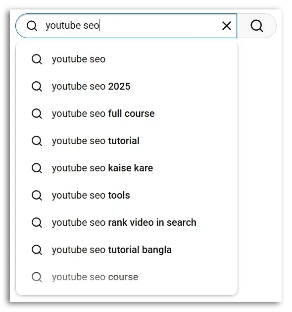 youtub search bar with phrase youtube seo written inside and many suggestions below