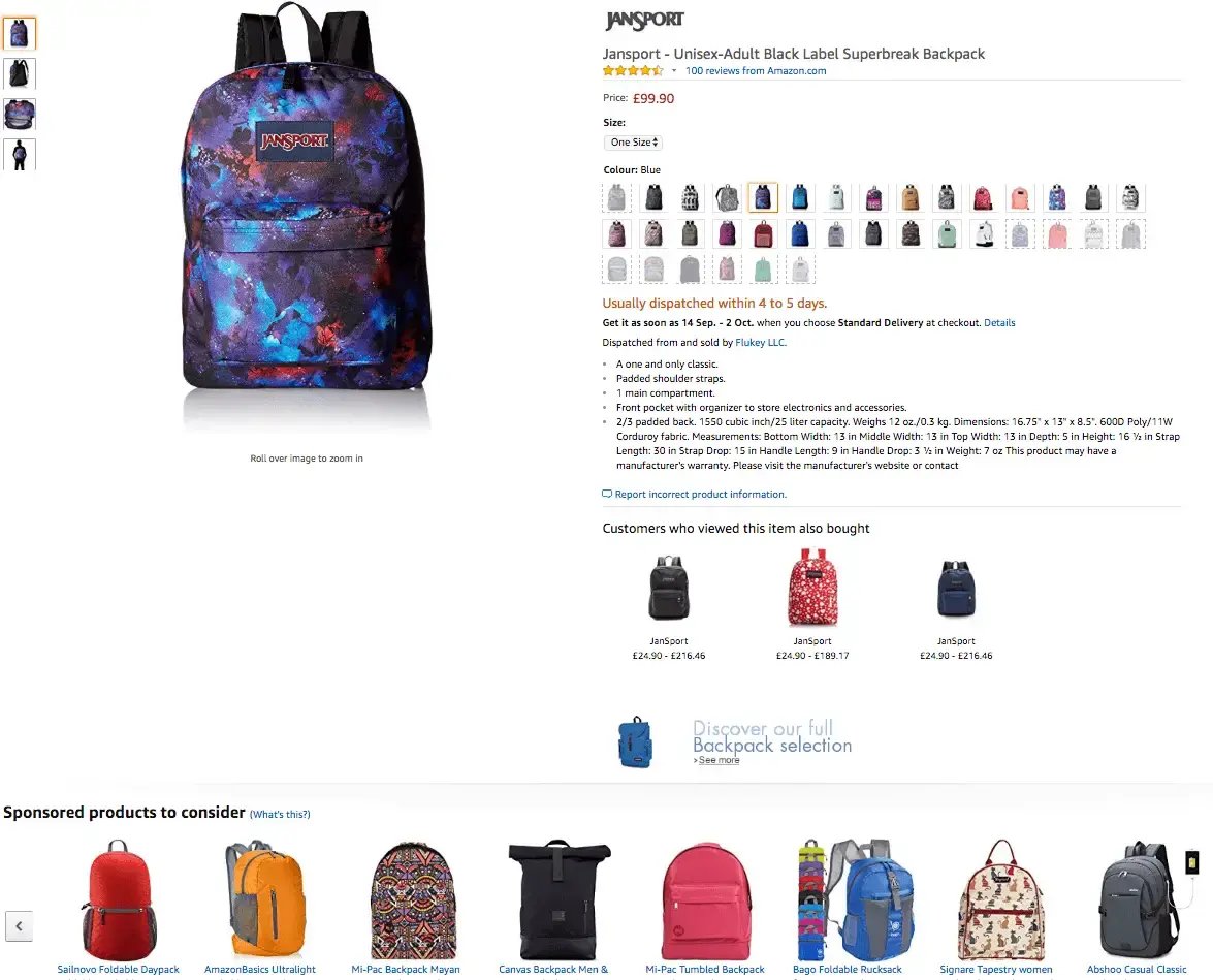 Jansport product page on Amazon