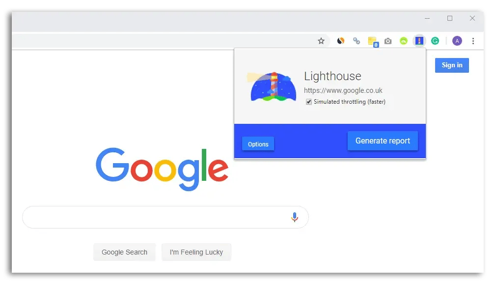 Google Lighthouse extension seen in browser.