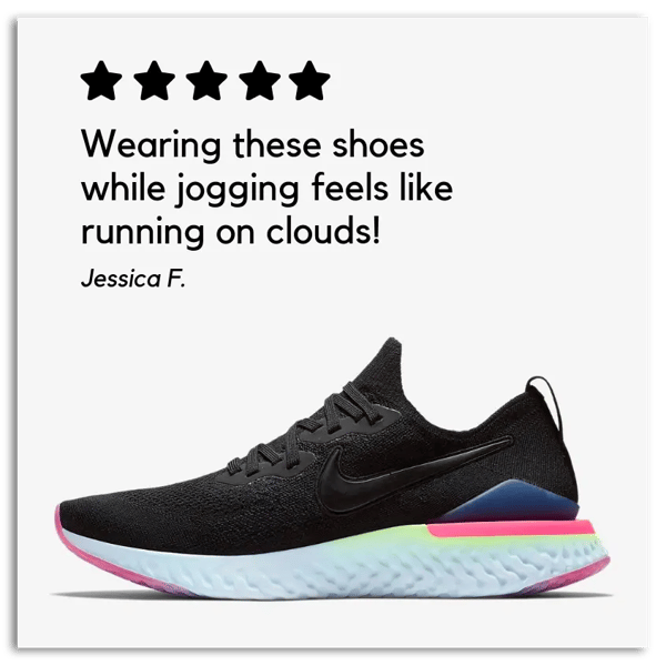 Ad for sneakers with a review from a customer as the headline