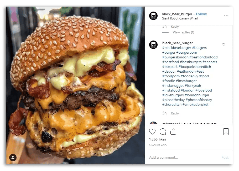 Instagram post using #london and #burger combinations
