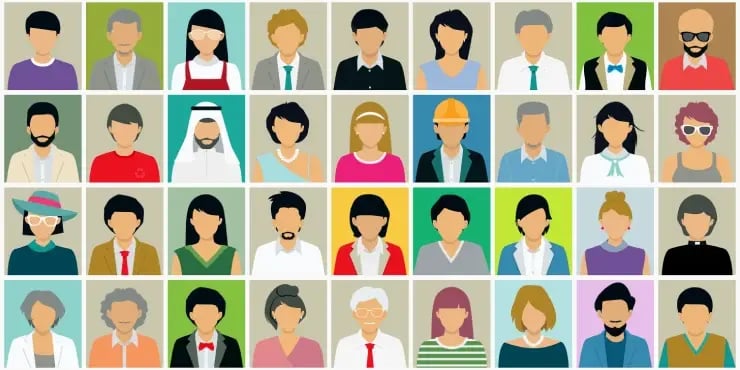 Illustration of many different people in small individual boxes.