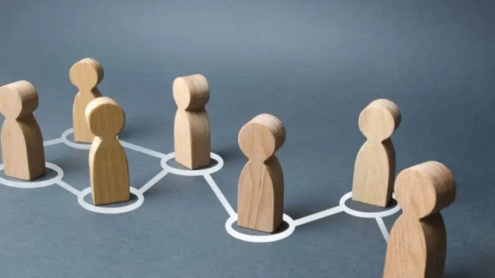 wooden figures connected with lines