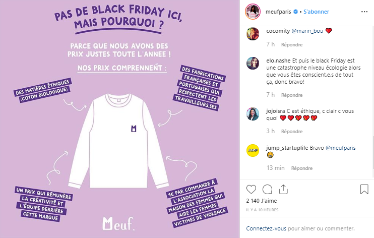 meufparis announcing why no black friday sales on instagram account