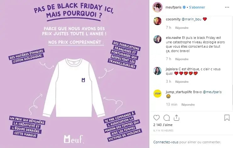 meufparis announcing why no black friday sales on instagram account