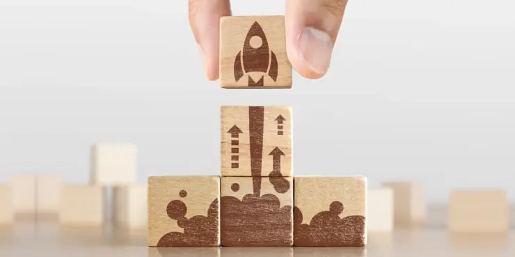 rocket ship made out of blocks launching