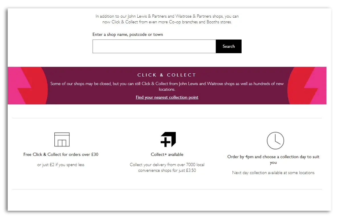 John Lewis website displaying the click-and-collect option
