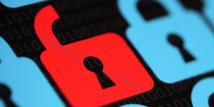 a red open lock surrounded by blue closed locks