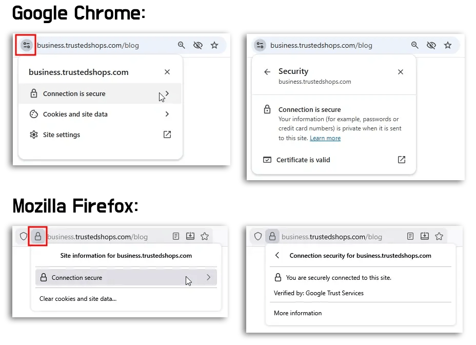Chrome and Firefox browsers displaying windows that the site is secure.