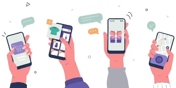 illustration of people holding smartphones and using shopping apps