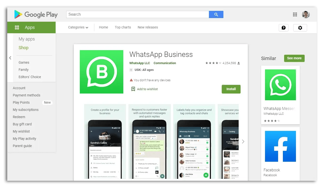 WhatsApp Business in the google play store