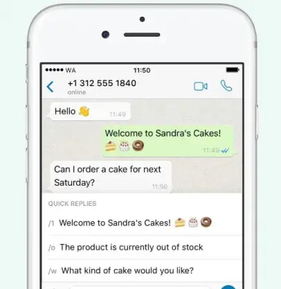quick replies menu on WhatsApp business