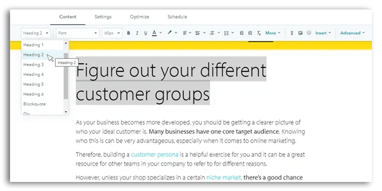 editor showing headline types from dropdown