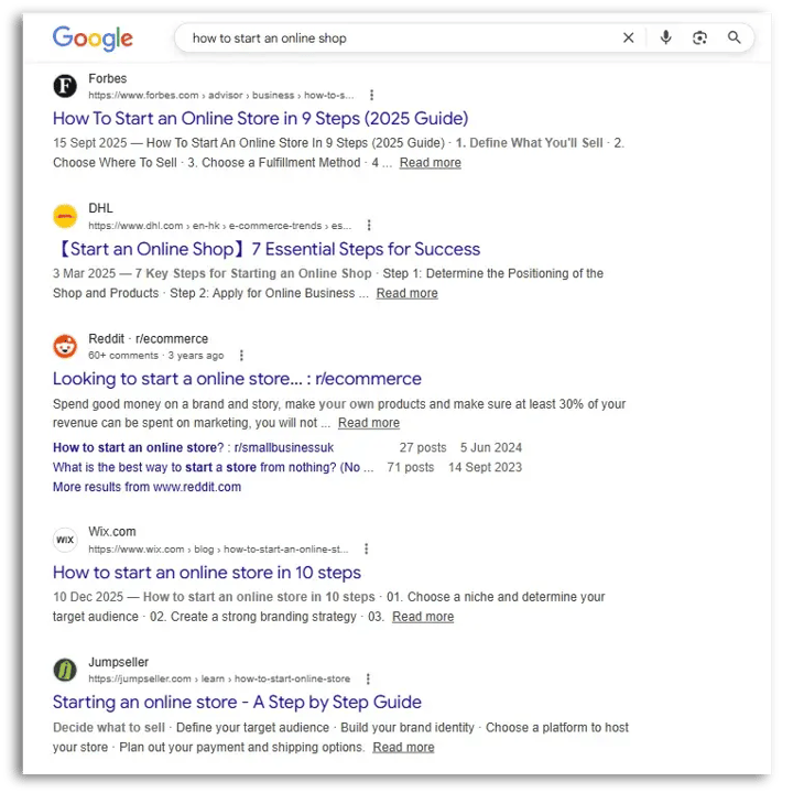 google search results with many favicons