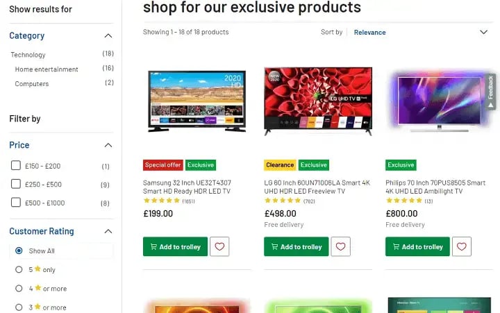 Argos UK example search filters UX website