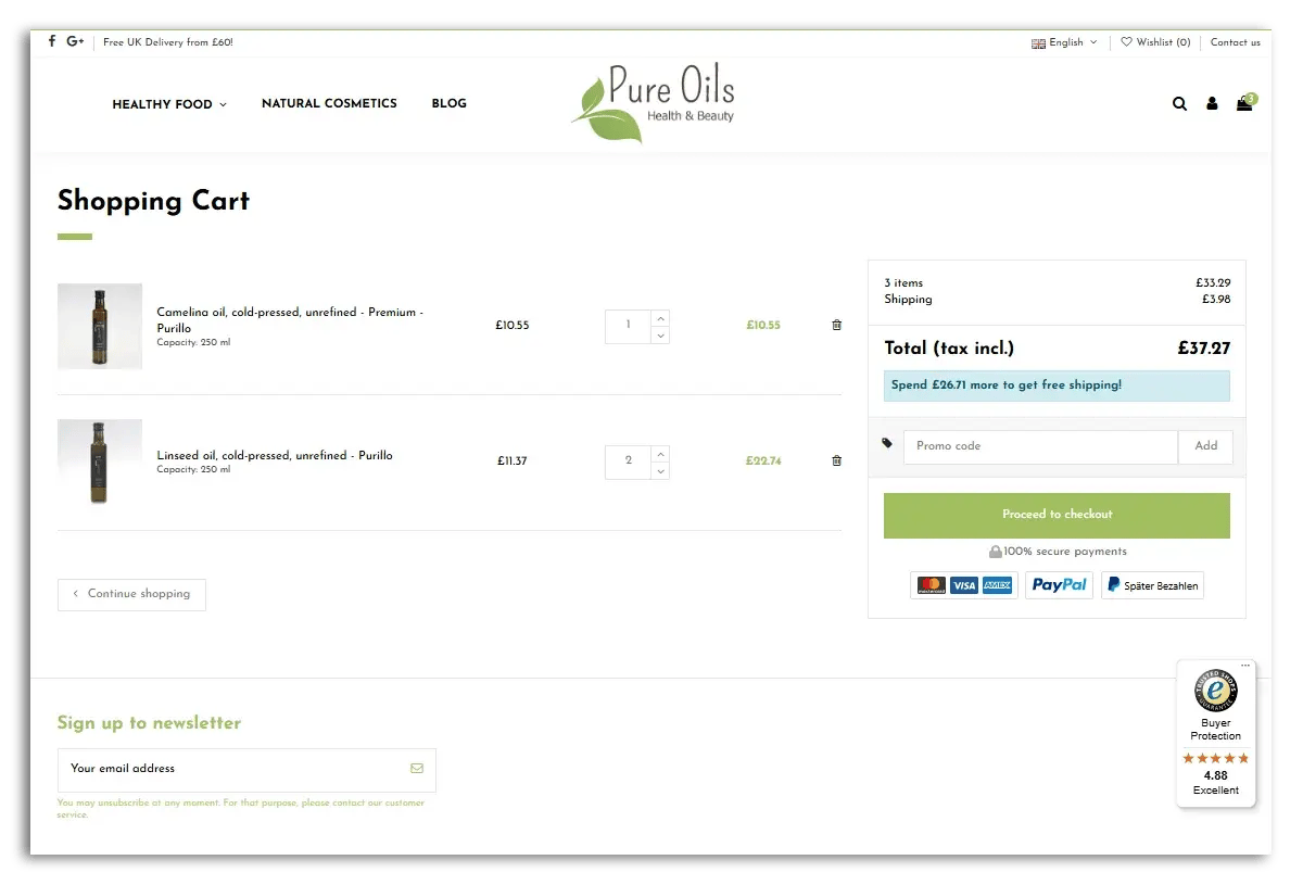 example of a shopping cart page that allows shoppers to change the quantity of the individual products in the cart
