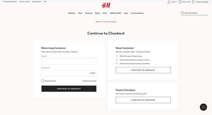 H &M example checkout page
