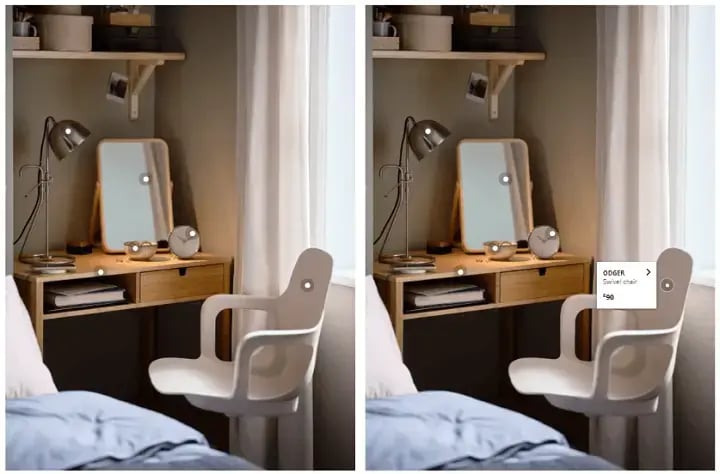 IKEA homepage using an example of mouse hovering to reveal product information